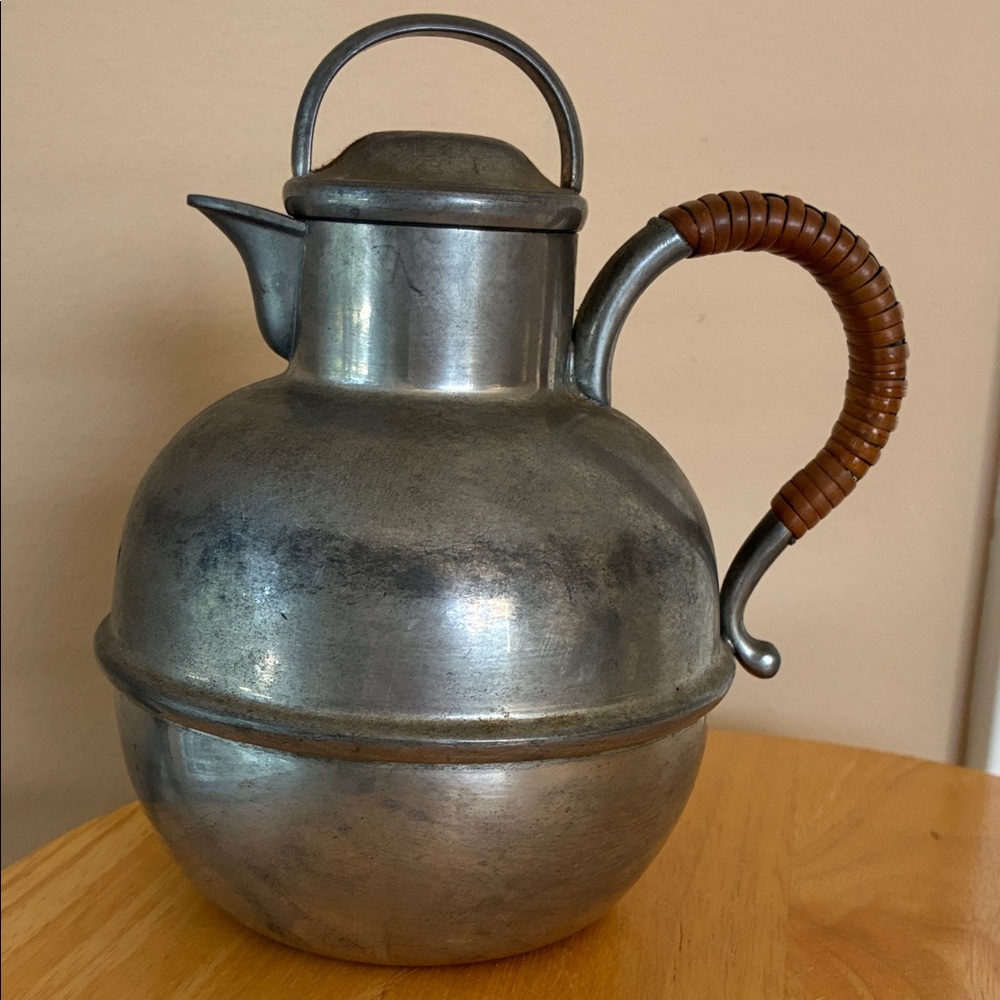 Vintage 1930’s Queen Art Pewter Teapot # 110 
W/Wicker Handle